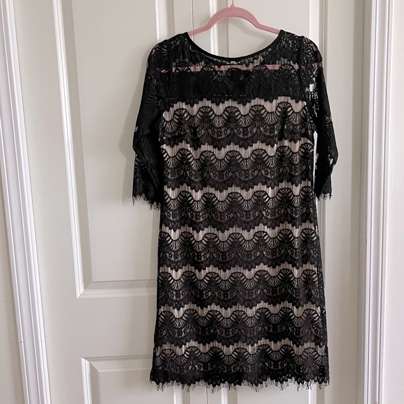 Wallis Uk 14 Timeless Black Lace Beige Lined Lace Shift Dress - Picture 1 of 8